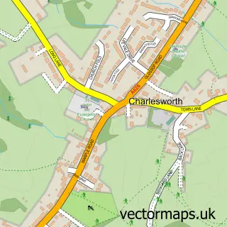 Street map sample of Charlesworth, Derbyshire