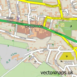 Street map sample of Crediton, Devon