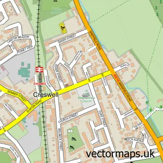 Street map sample of Creswell, Derbyshire