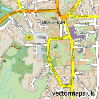Street map sample of Dereham, Norfolk