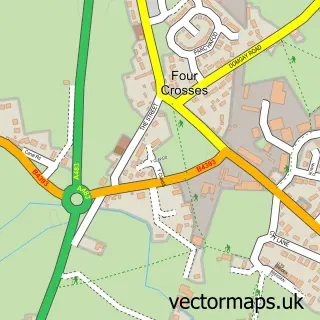 Street map sample of Four Crosses, Powys