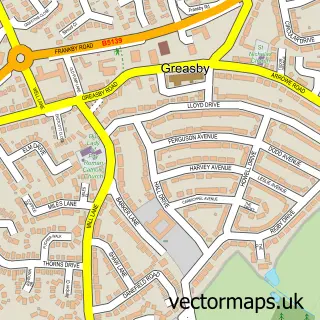 Street map sample of Greasby, Merseyside