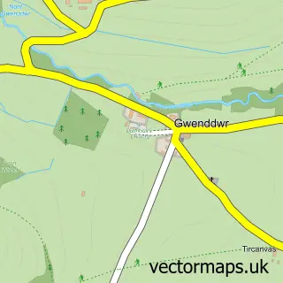 Street map sample of Gwenddwr, Powys