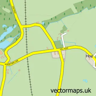 Street map sample of Hoe, Norfolk