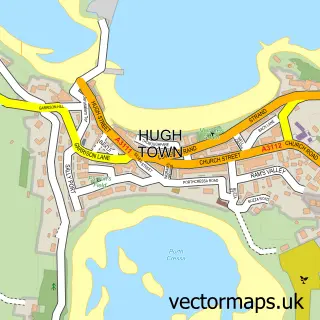 Street map sample of Hugh Town, Cornwall