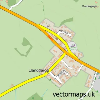Street map sample of Llanddarog, Dyfed