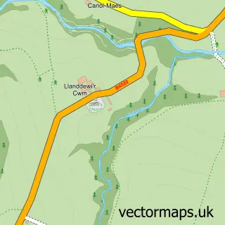 Street map sample of Llanddewi'r Cwm, Powys