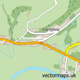 Street map sample of Llandyfriog, Dyfed