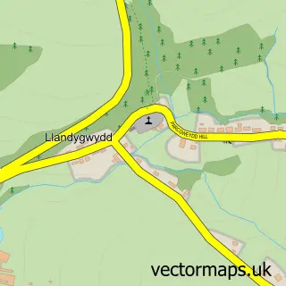 Street map sample of Llandygwydd, Dyfed