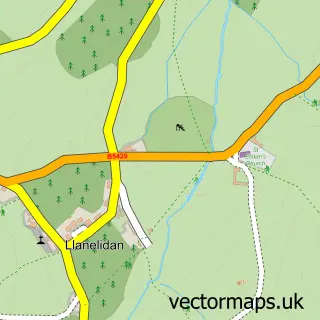 Street map sample of Llanelidan, Clwyd