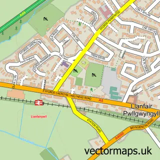 Street map sample of Llanfairpwllgwyngyll, Gwynedd