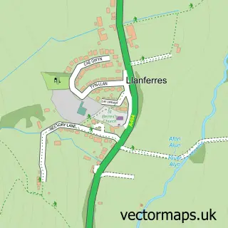 Street map sample of Llanferres, Clwyd