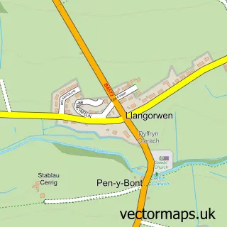 Street map sample of Llangorwen, Dyfed
