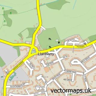 Street map sample of Llanharry, Mid Glamorgan