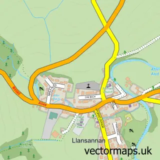 Street map sample of Llansannan, Clwyd