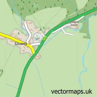 Street map sample of Llowes, Powys