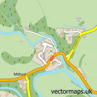 Street map sample of Mitford, Northumberland
