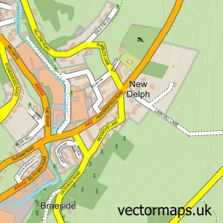 Street map sample of New Delph, Greater Manchester