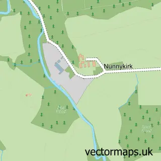 Street map sample of Nunnykirk, Northumberland