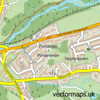 Street map sample of Pontaman, Dyfed