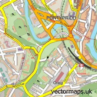 Street map sample of Pontypridd, Mid Glamorgan