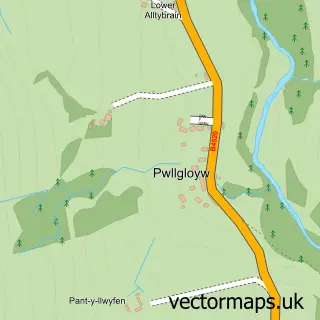Street map sample of Pwllgloyw, Powys