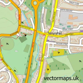 Street map sample of Tonyrefail, Mid Glamorgan