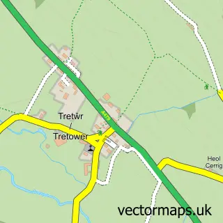 Street map sample of Tretower, Powys