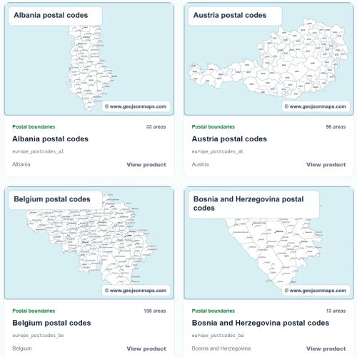 Postcode map download catalogue showing European postal boundary maps