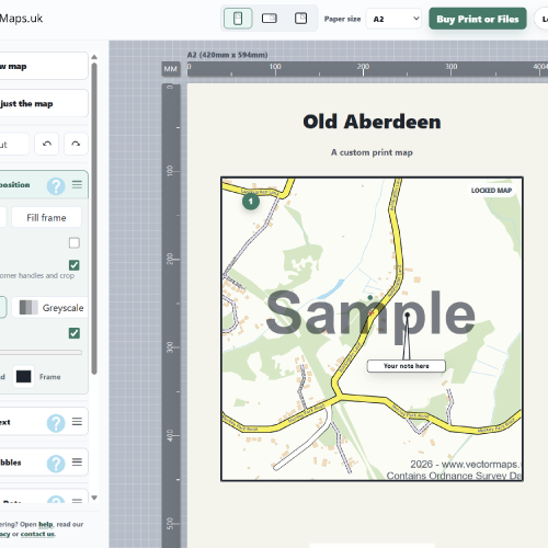 Street Map Customizer showing a print-ready map of Old Aberdeen