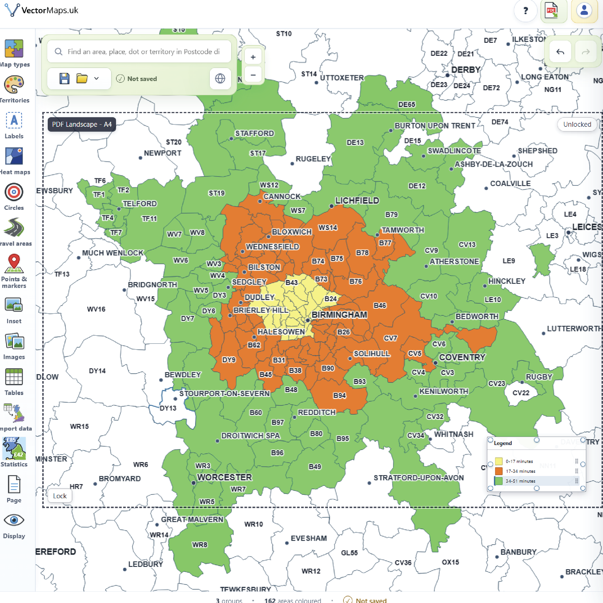 Delivery zone postcode map coloured by three travel-time bands around Birmingham