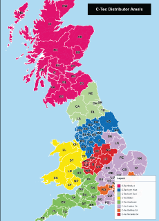 UK distributor territory map PDF sample with colour-coded postcode areas