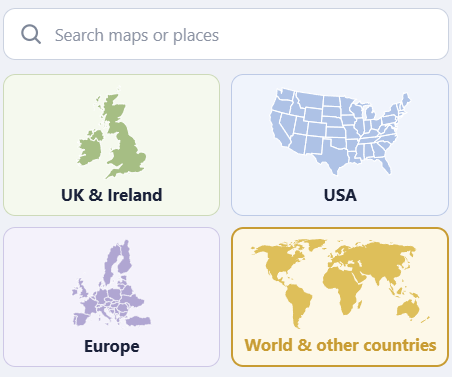 Map type chooser showing UK and Ireland, USA, Europe and worldwide map collections