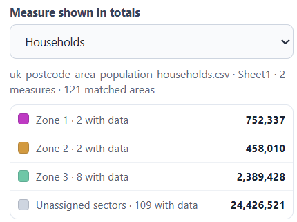 Territory statistics panel showing household totals for coloured zones