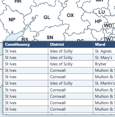 Formatted constituency, district and ward table placed over a map