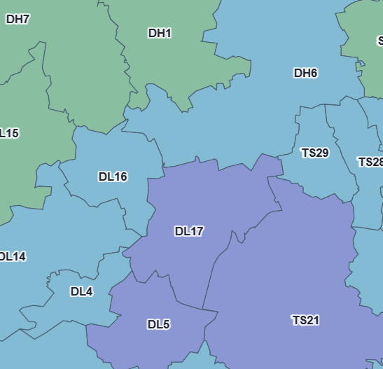 Example of several coloured postcode territories with area labels